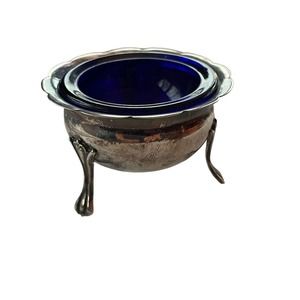 Rare Antique Webster Sterling Silver Footed Salt Cellar with Cobalt Blue Liner